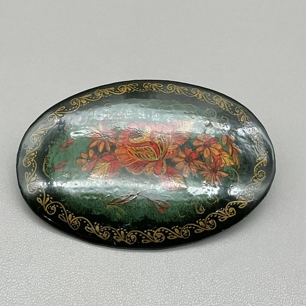 Vintage Russian Brooch Green Floral Pin Hand Painted Lacquer Artist Signed 2